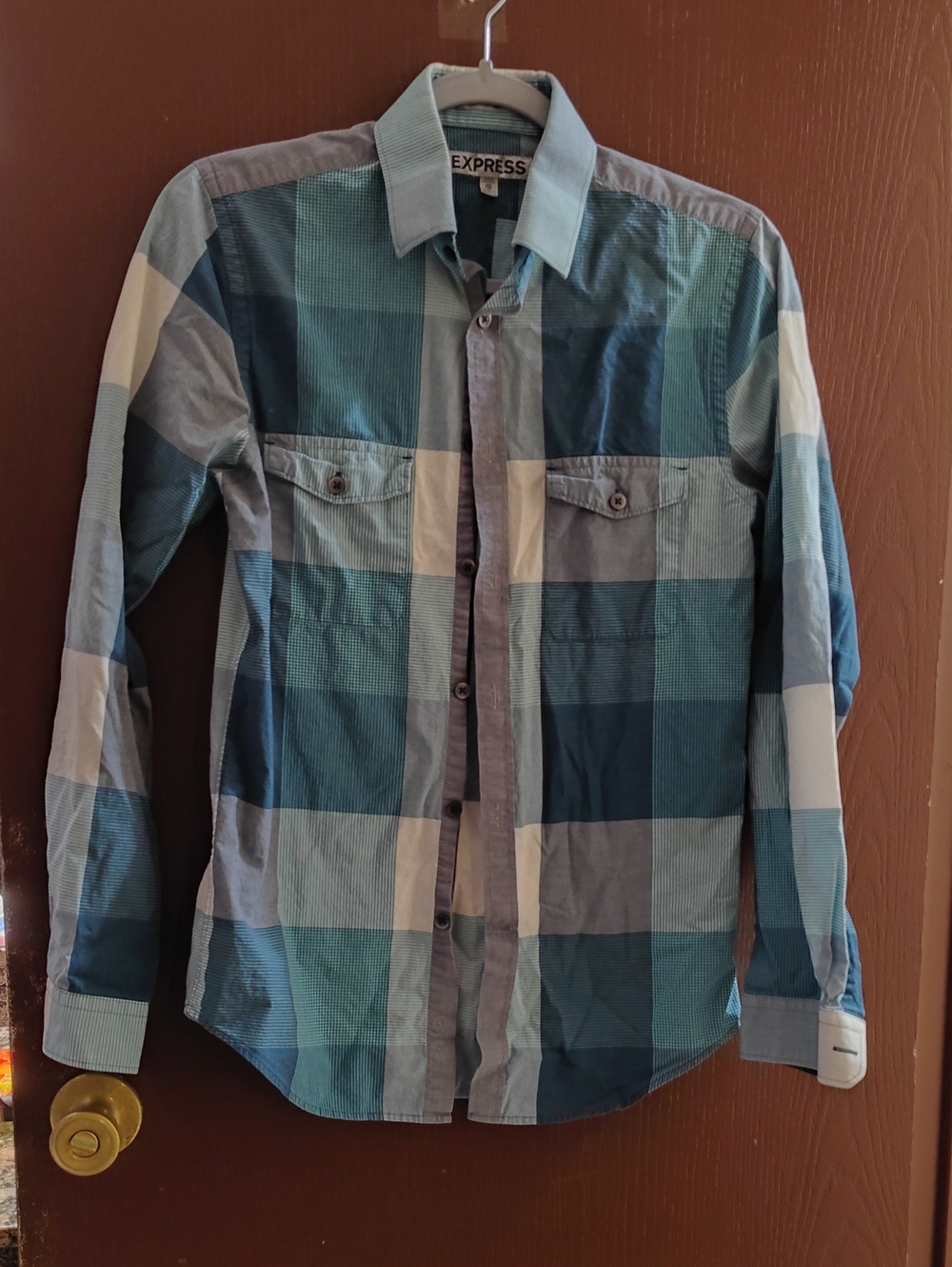 Express Men's Teal & Navy Large Plaid Button-Down Shirt
